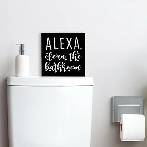 Vista 6 de SJNH Divertido letrero de madera negra para baño, estante de baño, decoración de escritorio Divertido letrero de madera negra para baño con Alexa