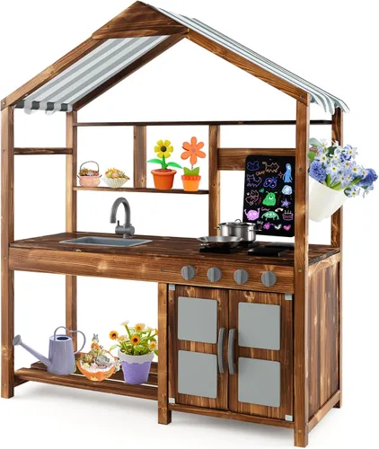 Vista 11 de Costzon Cocina de barro, cocina de juego al aire libre con fregadero, grifo, estufas y accesorios de cocina, estante de almacenamiento, carrito