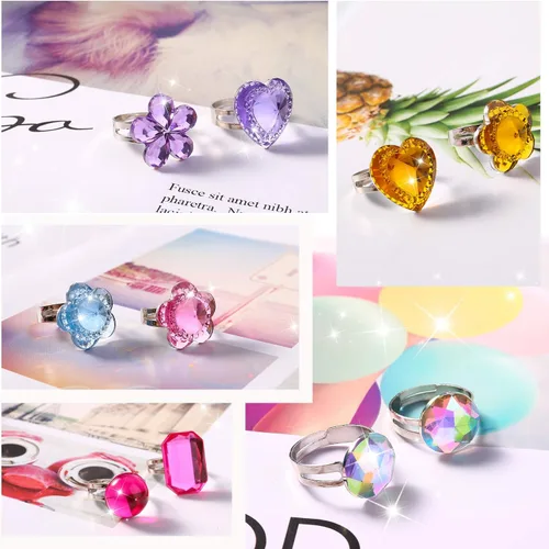 Vista 6 de Hifot 24 anillos ajustables de cristal para niñas, anillos de dedo de joyería de princesa con caja en forma de corazón, anillos de simulación