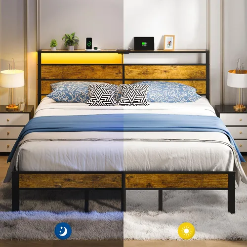 Vista 7 de Liians Base de cama tamaño King con cabecera de estación de carga USB tipo C, luces LED inteligentes, plataforma de metal sin ruido, no necesita