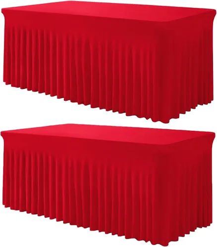 Vista 10 de TC27 - Mantel rectangular ajustable de elastano de 4 pies con falda plisada, sin arrugas, mantel rectangular para fiestas, bodas, banquetes