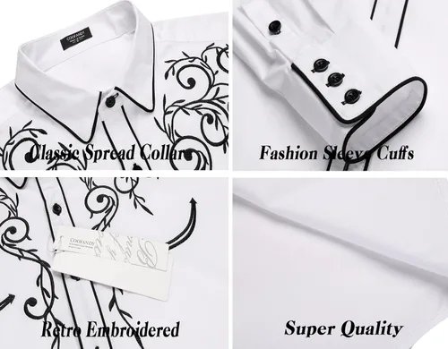 Vista 5 de Coofandy Camisa de hombre de manga larga ajustada con bordado casual de botón