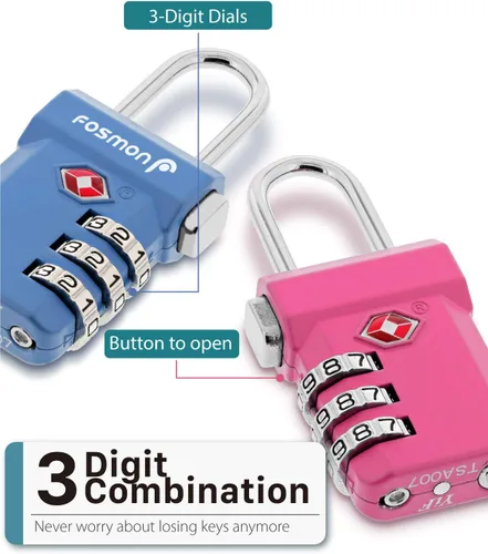 Vista 3 de Fosmon Cerraduras de equipaje aprobadas por la TSA, cerradura de viaje para maleta con botón de liberación para mayor seguridad, candado