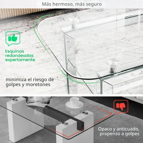 Vista 4 de Mesa auxiliar rectangular con parte superior de vidrio con patas de espejo plateadas para sala de estar, moderna y glamorosa mesa de vidrio templado