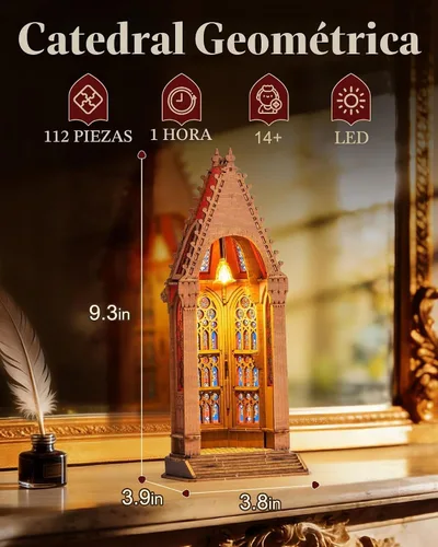 Vista 2 de Rolife Rompecabezas de madera 3D, modelo de arquitectura de catedral de geometría con luces LED, kit de construcción de manualidades para adultos