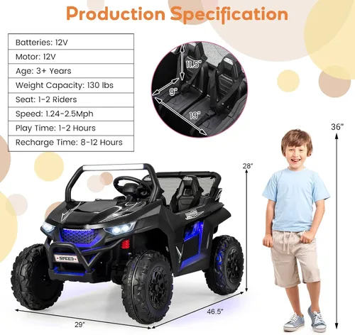 Vista 7 de HONEY JOY Auto de 2 plazas, 12 V, batería de 12 V, con control remoto, suspensión de resorte, velocidad alta/baja, almacenamiento, música, USB, Negro