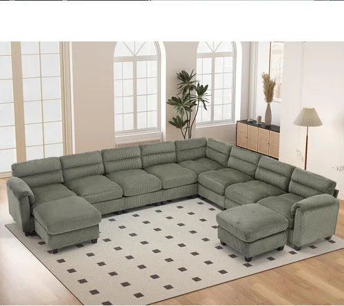 Vista 103 de HAOMARKETS Sofá esquinero modular en forma de L de 115 pulgadas con 2 otomanas móviles, sofás de pana de 8 plazas con cojín grueso para sala de Beige