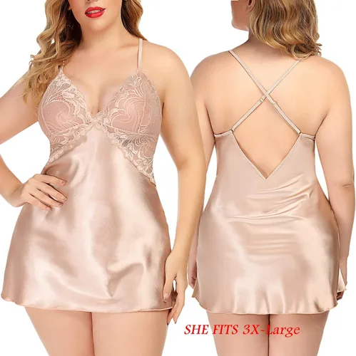 Vista 3 de Avidlove Lencería de encaje de talla grande para mujer, camisón de satén con cuello en V
