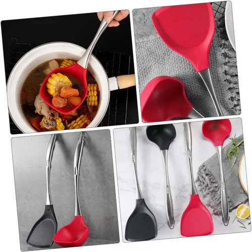 Vista 2 de LABRIMP Cuchara de silicona para servir cucharas de acero inoxidable utensilios de cocina de acero inoxidable mango cucharón cuchara de sopa