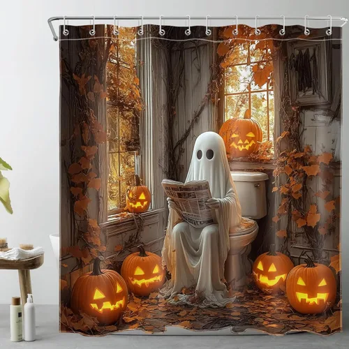 Vista 14 de LB Cortina de ducha de feliz Halloween para baño, flamenco rosa y calabaza naranja con sombrero mágico, cortina de ducha de tela con ganchos, juego