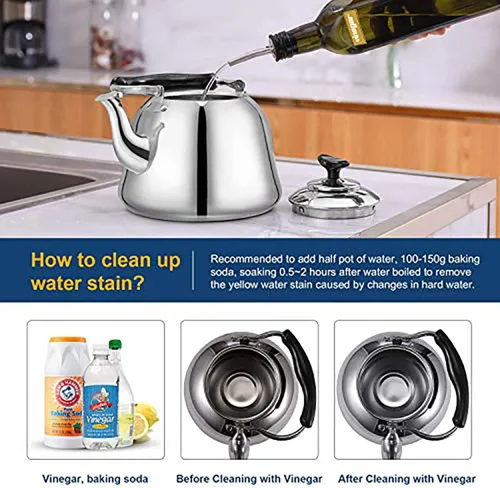 Vista 4 de Hervidor de té silbante de acero inoxidable para estufa, tetera de 2 cuartos de galón de ebullición rápida con mango plegable de tacto frío
