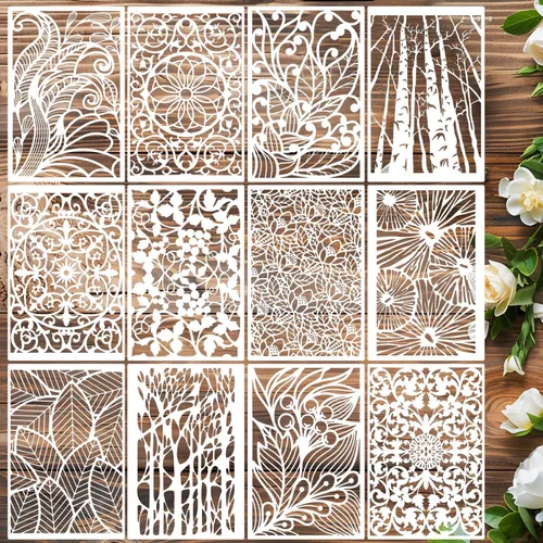 Vista 9 de Plantillas para manualidades, plantillas de textura reutilizables, plantilla geométrica para pintar en madera, muebles, tarjeta, lona, papel, álbum