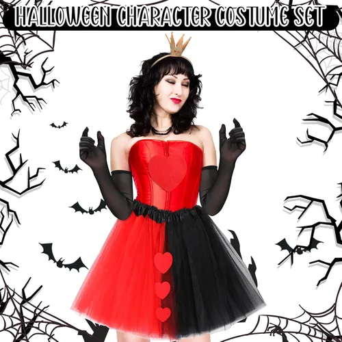 Vista 4 de Xtinmee Disfraz de reina para mujer, falda tutú roja y negra, diadema brillante, parche de fieltro y guantes negros, disfraz de reina de Halloween