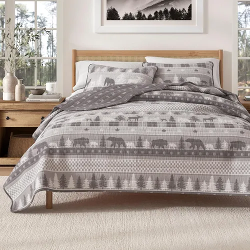 Vista 12 de Great Bay Home - Juego de 3 piezas de colcha reversible de estilo rústico de cabaña con 2 fundas decorativas de almohada, para todas las estaciones