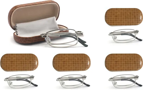 Vista 12 de Gafas de lectura plegables de metal rectangulares compactas con estuche de cuero para hombres y mujeres