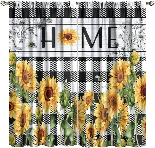 Vista 31 de Sunflower Curtains for Living Room Bedroom, Spring Nature Blue Sky and Butterfly Window Drapes, Rustic Wooden Fence Floral Botanical Decor, 2 Panels