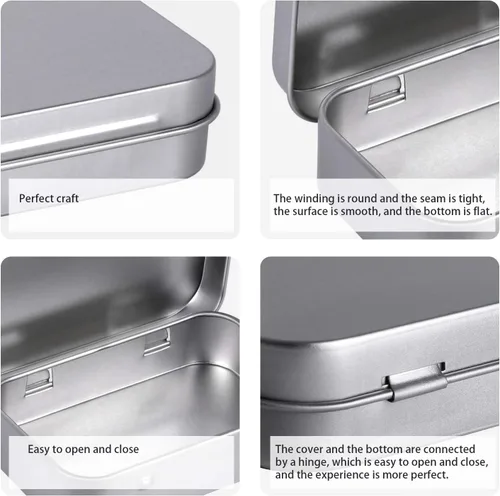 Vista 4 de Tamicy Latas rectangulares de metal con bisagras vacías – Paquete de 40 mini cajas portátiles plateadas, kit de almacenamiento pequeño y organizador