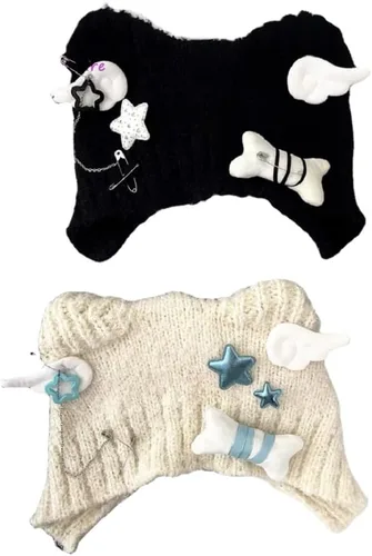 Vista 2 de Harajuku Y2k Star Plush Bone Knit Hat Women Gothic Punk Angel Wings Black Beanie Hat