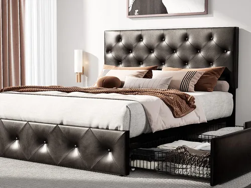 Vista 19 de HOOMIC Base de cama de almacenamiento de plataforma de tamaño matrimonial con 4 cajones y cabecera ajustable, listones de madera, no necesita Blanco