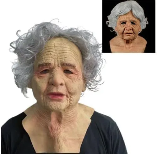 Vista 2 de Máscara de Halloween realista de anciano, máscara de látex humano espeluznante, antiarrugas de miedo para Halloween, cosplay, máscara de fiesta
