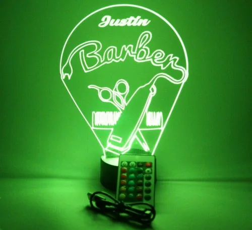 Vista 7 de Barbería peluquería corte peine silla tijeras afeitado hombres noche luz LED grabado personalizado nombre personalizado escritorio lámpara de mesa