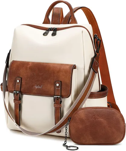 Vista 13 de AGLOD Mochila de cuero sintético para mujer, bolsos de viaje de moda para mujer, bolsos de viaje de trabajo de imitación, Beige- negro-marrón