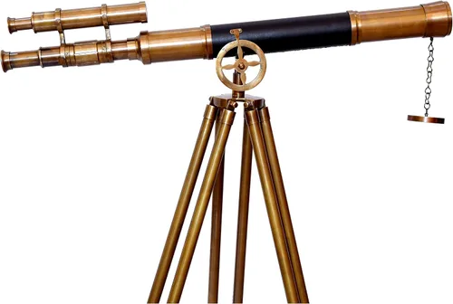 Vista 5 de Telescopio antiguo de latón cubierto de cuero con trípode ajustable de madera/latón náutico auténtico de alto aumento manual de enfoque de ajuste