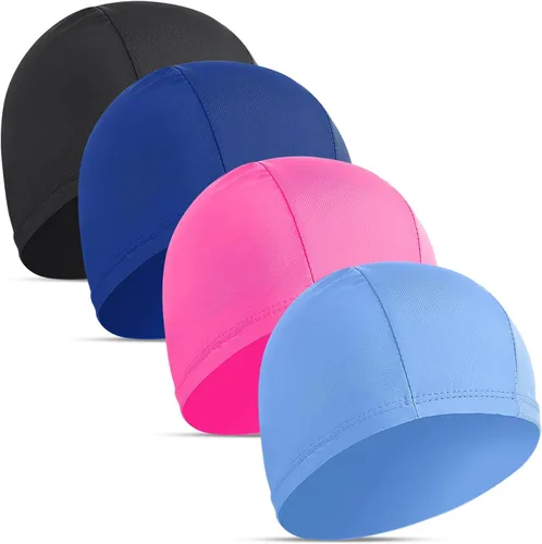 Vista 8 de 4 gorras elásticas de natación para mujeres, hombres y niños, tela duradera, no impermeable, gorra de piscina elástica 2 negro y 2 azul