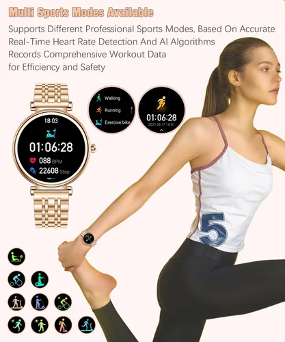 Vista 7 de Reloj para mujer, pantalla AMOLED HD de 1.25 pulgadas, reloj inteligente para mujer, rastreador de actividad física con monitor de frecuencia Dorado