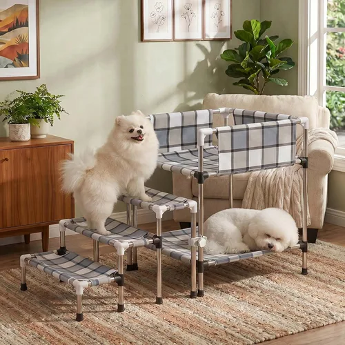 Vista 8 de Litera para Perros con Ventana de Cabecera - Cama Doble Elevada para Perros y Humanos con Barandilla de 2 Capas, Percha de Ventana para Perros, Cuna