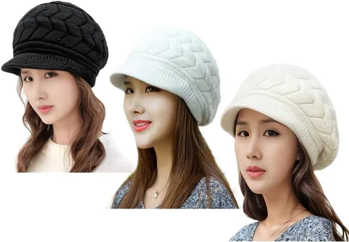 Vista 11 de XYX Gorro de lana para mujer, cálido, elástico, suave, con visera de punto, con visera