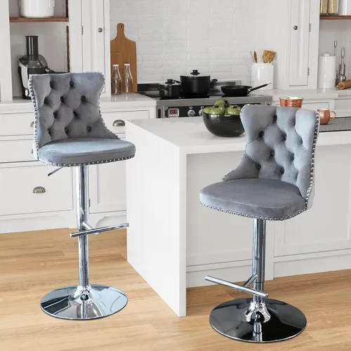 Vista 72 de Aoowow Juego de 2 taburetes de bar giratorios, taburetes de bar ajustables con respaldo de terciopelo copetudo, sillas de bar modernas tapizadas