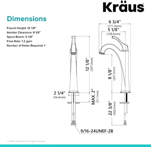 Vista 2 de KRAUS KVF-1200BG Arlo™ Grifo de Baño Alto Tipo Vessel de Oro Cepillado con Desagüe Pop-Up (Paquete de 2)