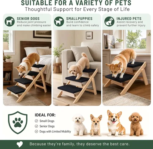 Vista 6 de Escaleras para perros, rampa para cama, escaleras y rampa plegables de madera 2 en 1 para mascotas, escalón portátil para perros de hasta 180 libras
