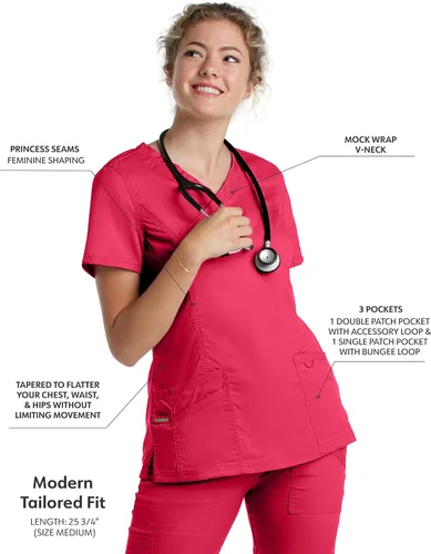 Vista 2 de Landau Proflex 4161 - Camiseta médica elástica con 3 bolsillos para mujer, Rojo True