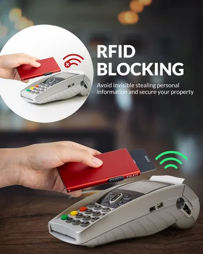 Vista 4 de VULKIT Tarjetero minimalista para tarjetas de crédito tarjetas emergentes protección RFID cartera de metal delgada Rojo - Minimalista