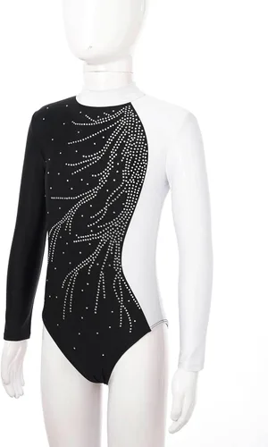 Vista 4 de Leotardos brillantes de manga larga con cuello en V para niñas de jazz latino moderno para baile de salón