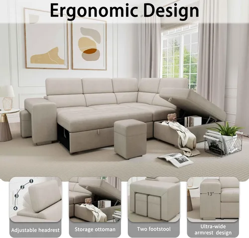 Vista 3 de THSUPER Sofá Seccional Reclinable en Forma de L de Microfibra de 104'', Sofá Cama con Cama Extraíble y Otomana de Almacenamiento, Sofás Convertibles