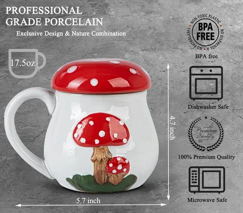 Vista 4 de Bonita taza de hongo con tapa, taza grande de cerámica para café y té, regalo divertido para mujeres