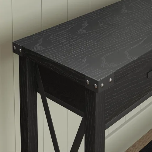 Vista 7 de Alkmaar Mesa de entrada de granja, mesa consola negra con cajones, mesa de sofá de madera con almacenamiento, mesa de pasillo para entrada, sala