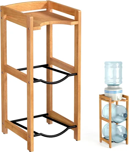Vista 10 de Soporte para jarra de agua de 5 galones con estantes superiores, soporte dispensador de agua de madera maciza natural de 31 pulgadas de alto