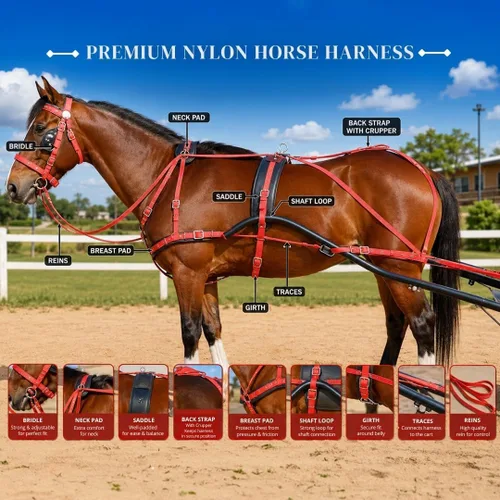 Vista 4 de Arnés de conducción de nailon para carrito de caballos, tachuelas en forma de corazón y piedras brillantes en banda completa, mazorca, poni