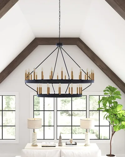 Vista 3 de yzzy Candelabro de 36 luces estilo vela de 2 niveles estilo vela colgante de 47 pulgadas, candelabros de hierro forjado para sala de estar, pasillo