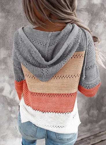 Vista 2 de FEKOAFE Sudaderas con capucha de bloque de color a rayas de otoño 2025 para mujer, suéter de punto con cuello en V