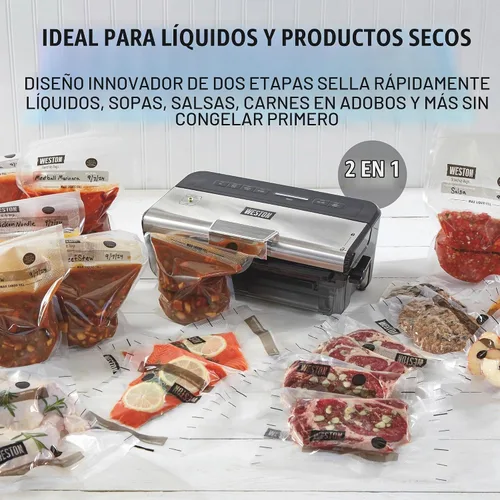 Vista 2 de WESTON BRANDS Máquina selladora al vacío líquida y seca con sello de código de fecha, cortador integrado, botón de pulso, incluye 2 rollos + 6