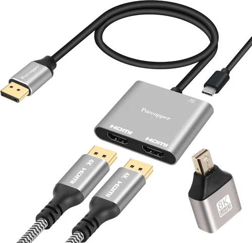 Vista 6 de Adaptador DisplayPort a DisplayPort dual (doble 4K a 60 Hz), divisor DP 1 en 2 salidas Pantalla extendida MST 1 DP macho a 2 DP hembra