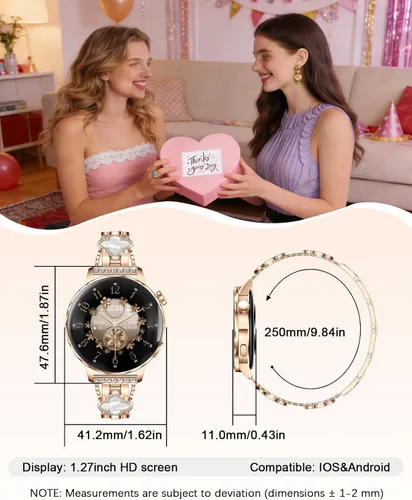 Vista 8 de Reloj inteligente para mujer con pantalla táctil HD de 1.27 pulgadas, reloj de fitness, notificaciones de llamadas y mensajes Bluetooth, monitor