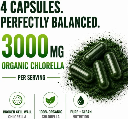 Vista 5 de Chlorella Cápsulas 3000 mg – Pared celular agrietada suplemento de algas verdes azules – La mejor limpieza natural de desintoxicación – Vitaminas