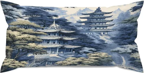 Vista 10 de Chinoiserie - Fundas de almohada decorativas de porcelana azul y blanca con patrón de edificios de estilo chino de 12 x 20 pulgadas, fundas de cojín