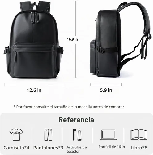 Vista 5 de Mochila de cuero para portátil impermeable de 14 pulgadas para negocios, Negro-a, Grande, Moda